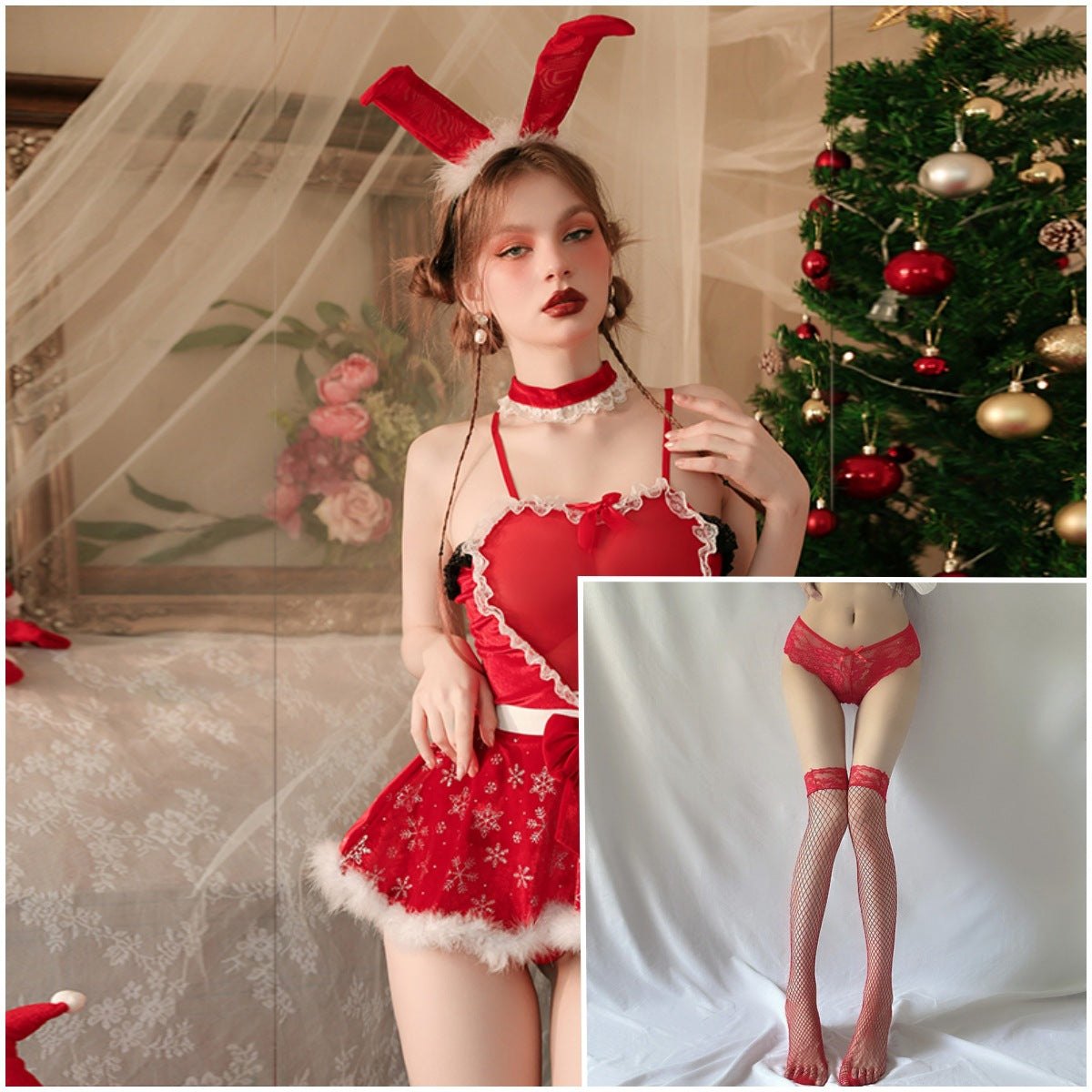 Red christmas bunny girl velvet costume set
