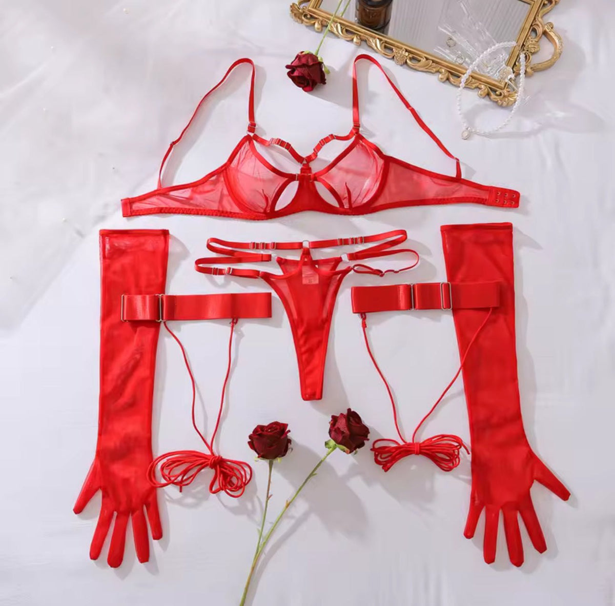Red heart cutout strappy mesh bra set