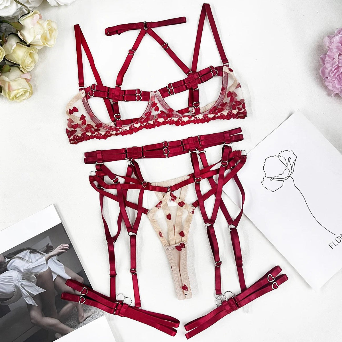 Heart embroidery harness garter bra set, photo 10