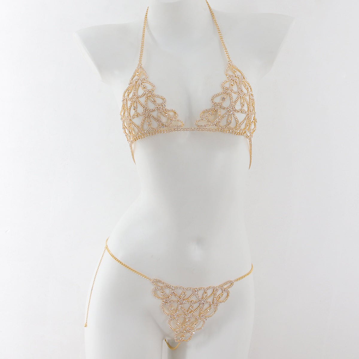 Gold heart filigree rhinestone body chain set