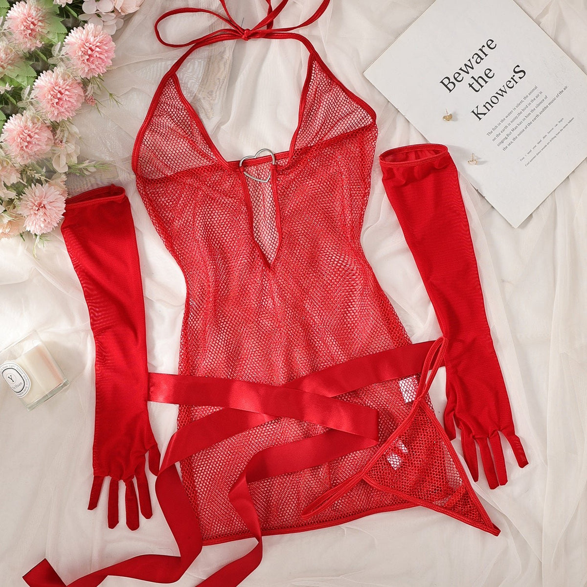 Red heart halter lace underwire lingerie set