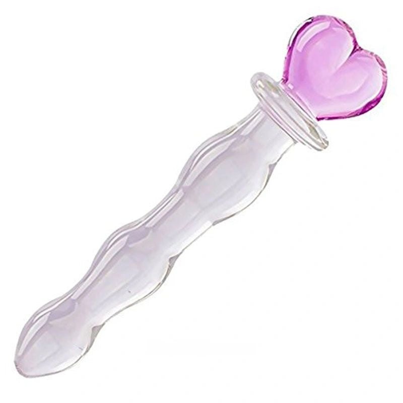 Clear glass dildo with pink heart handle, photo 1