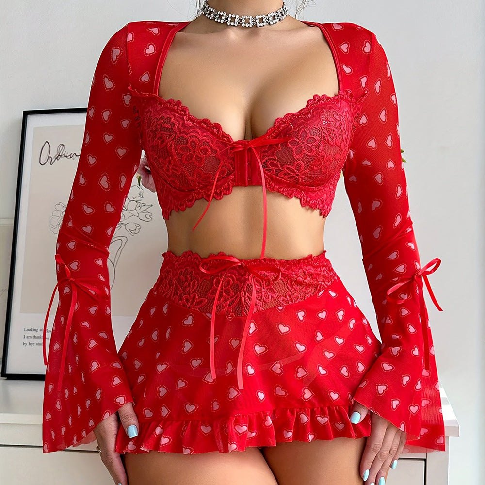 Heart lace bra skirt three piece lingerie set, photo 1