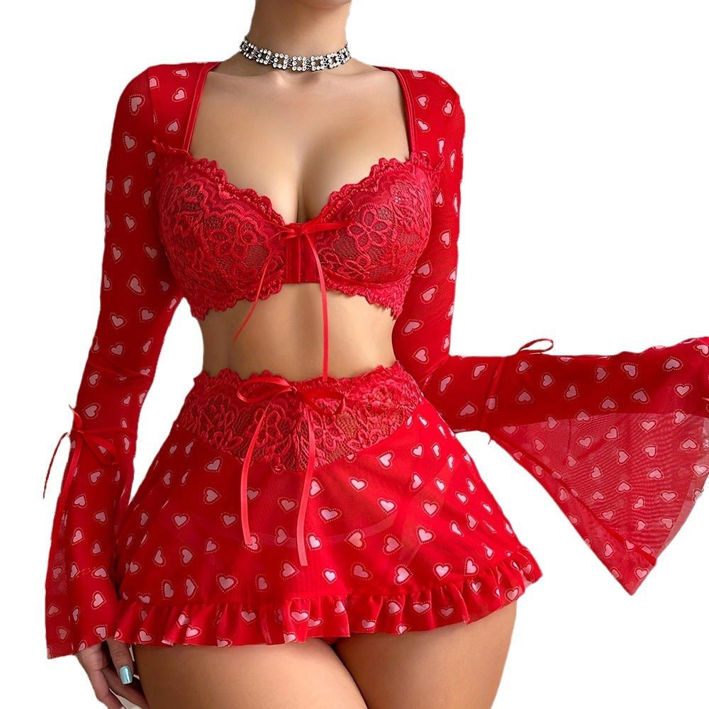 Heart lace bra skirt three piece lingerie set, photo 5