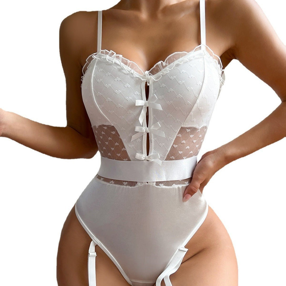Heart mesh lace bodysuit velvet garter, photo 5