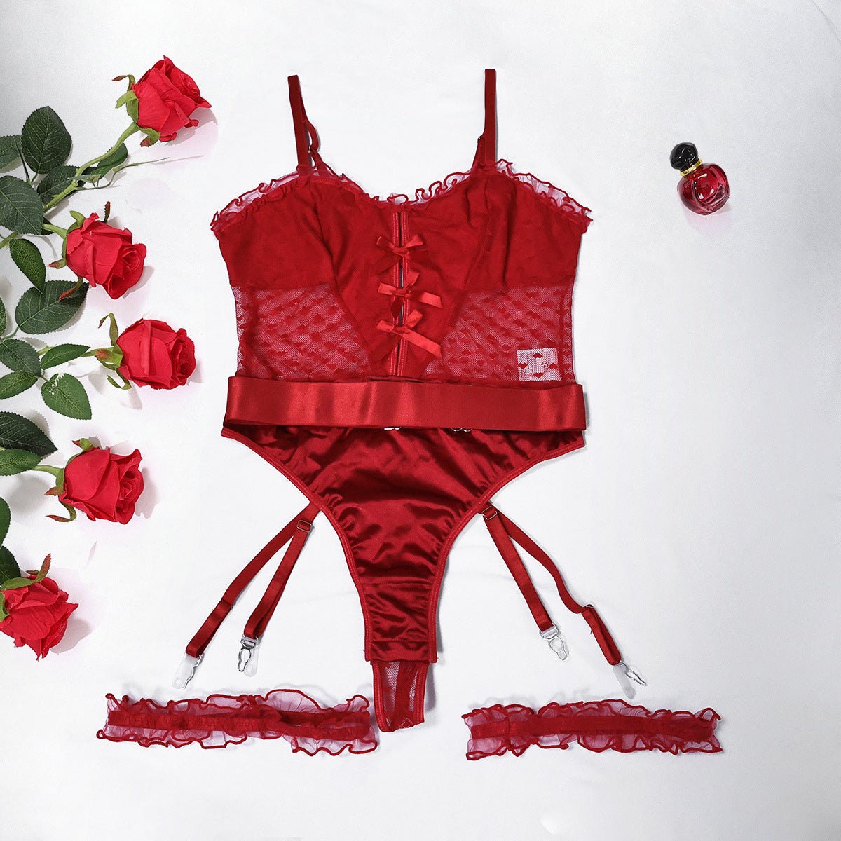 Heart mesh lace bodysuit velvet garter, photo 8