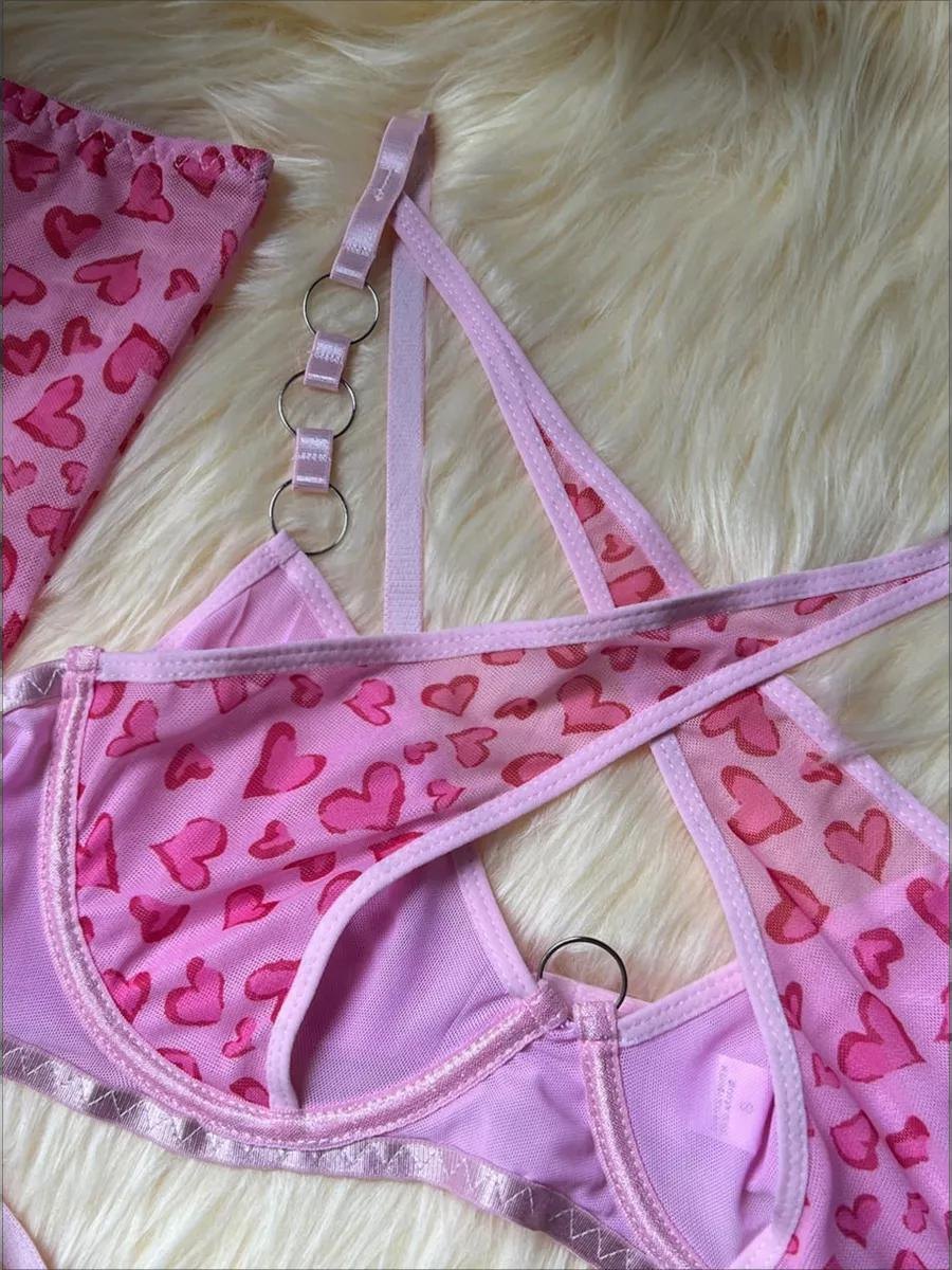 Heart print harness mesh bra set, photo 10