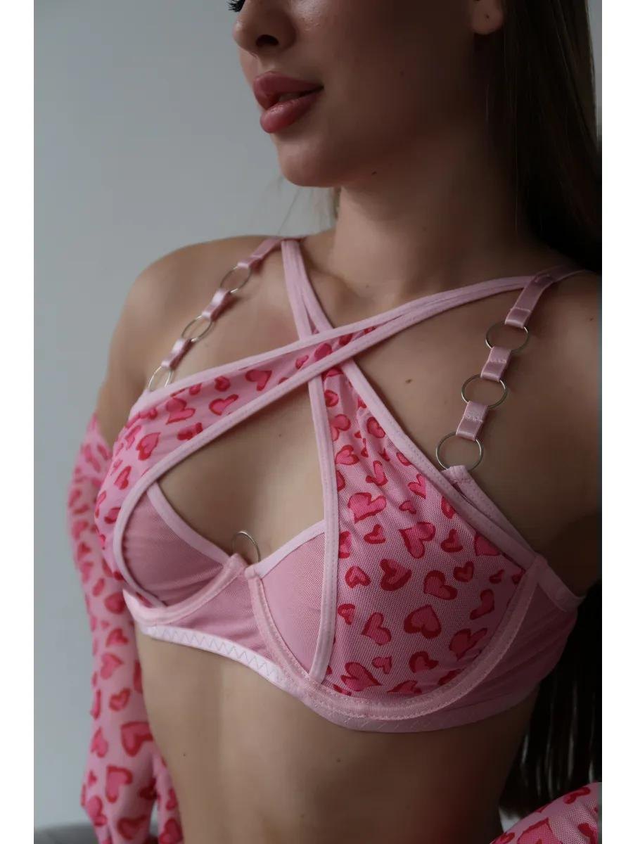 Heart print harness mesh bra set, photo 8