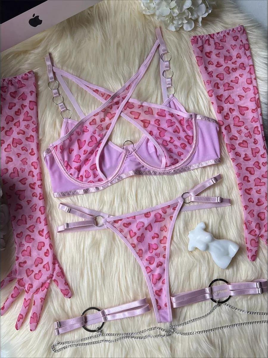 Heart print harness mesh bra set, photo 9