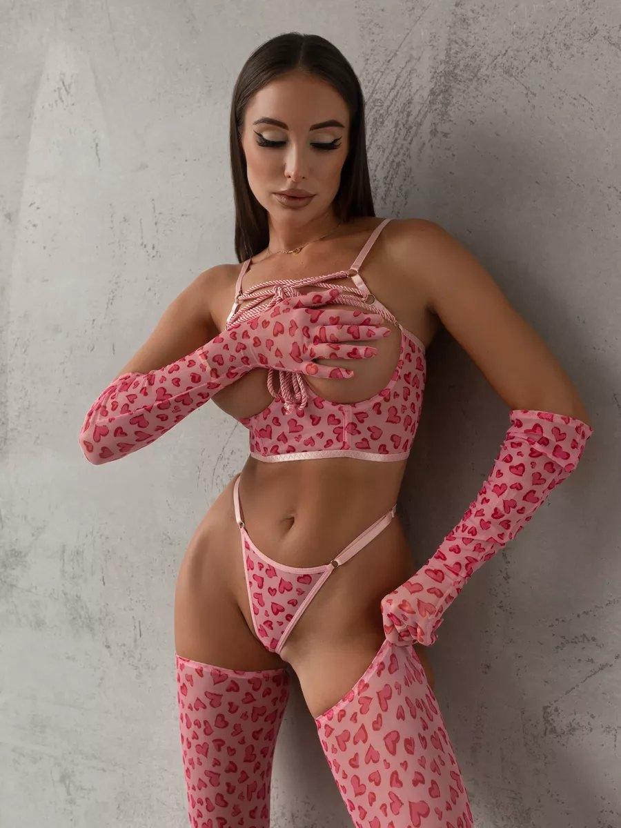 Heart print open cup five piece bra set, photo 1