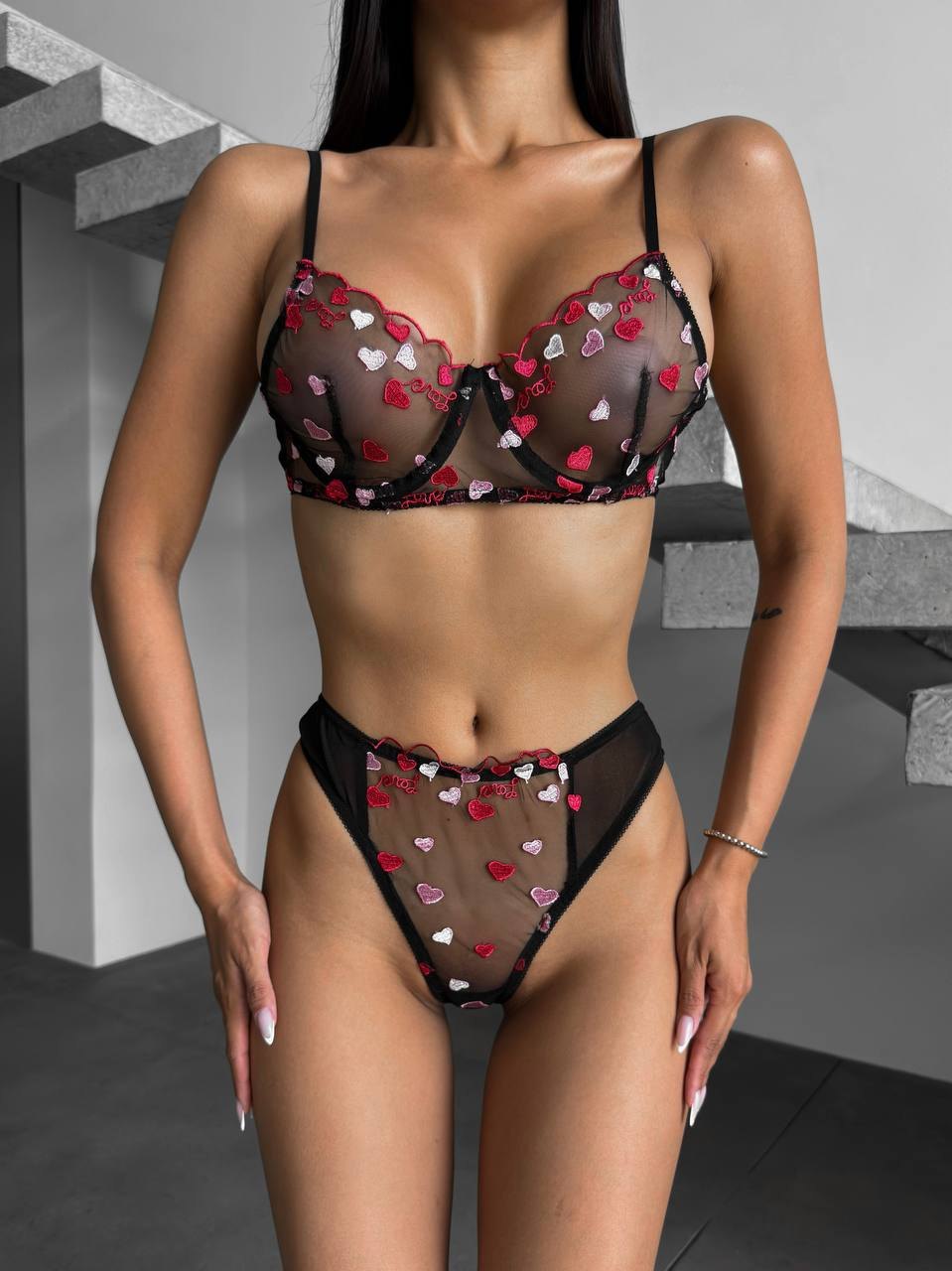 Heart print sheer mesh bra set, photo 1