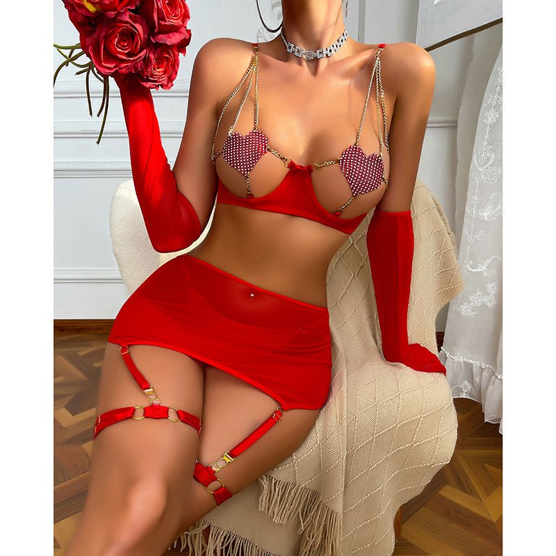 Heart rhinestone chain open cup bra set, photo 10