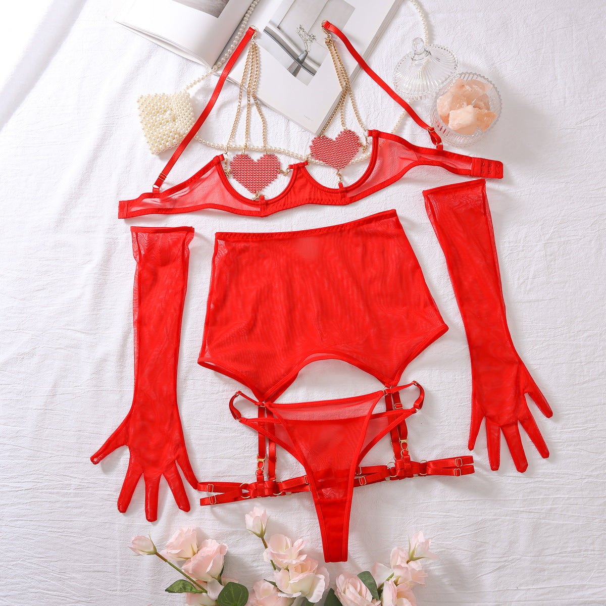 Heart rhinestone chain open cup bra set, photo 13