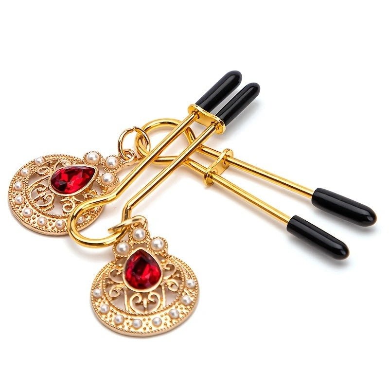 Gold heart nipple clamps with rubine and pearl decoration, photo 1