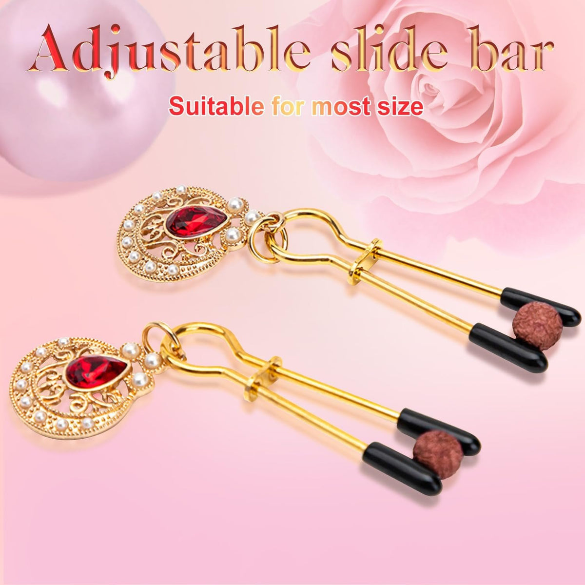 Gold heart nipple clamps with rubine and pearl decoration, photo 2