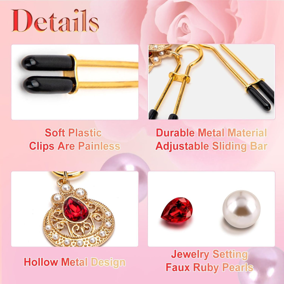 Gold heart nipple clamps with rubine and pearl decoration, photo 3