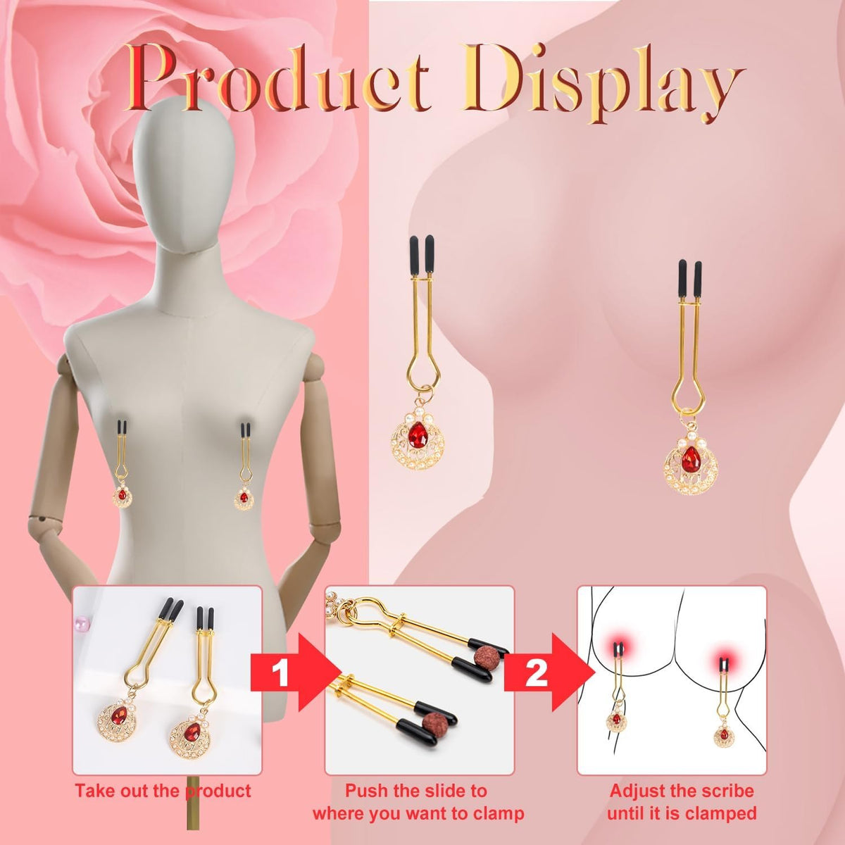 Gold heart nipple clamps with rubine and pearl decoration, photo 4