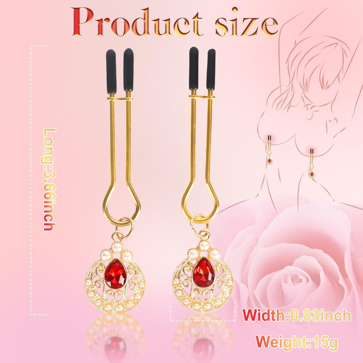 Gold heart nipple clamps with rubine and pearl decoration, photo 6