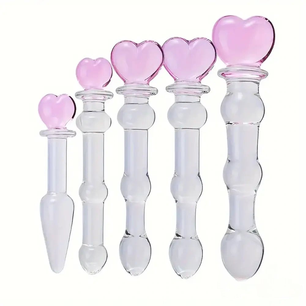 Clear glass dildo with pink heart-shaped top, photo 1