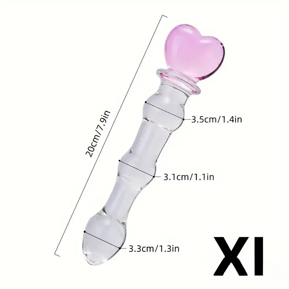 Clear glass dildo with pink heart-shaped top, photo 11