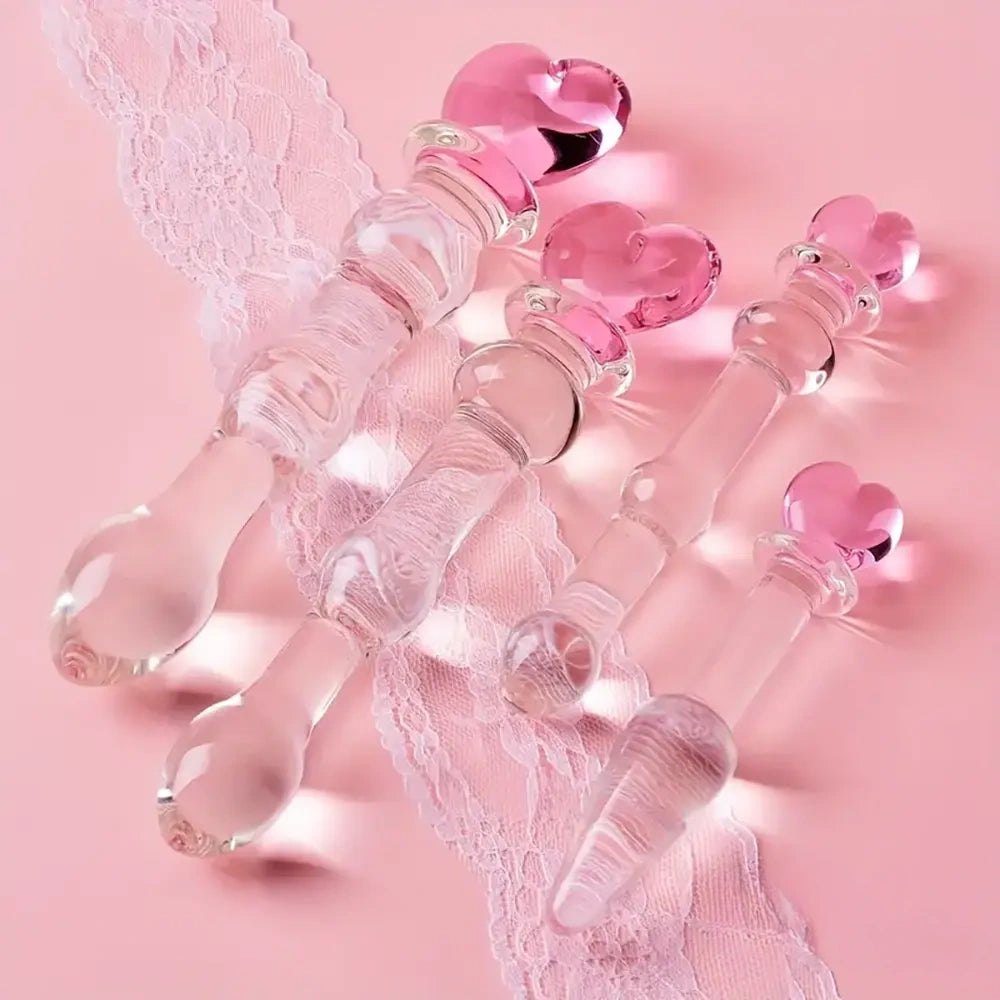 Clear glass dildo with pink heart-shaped top, photo 2