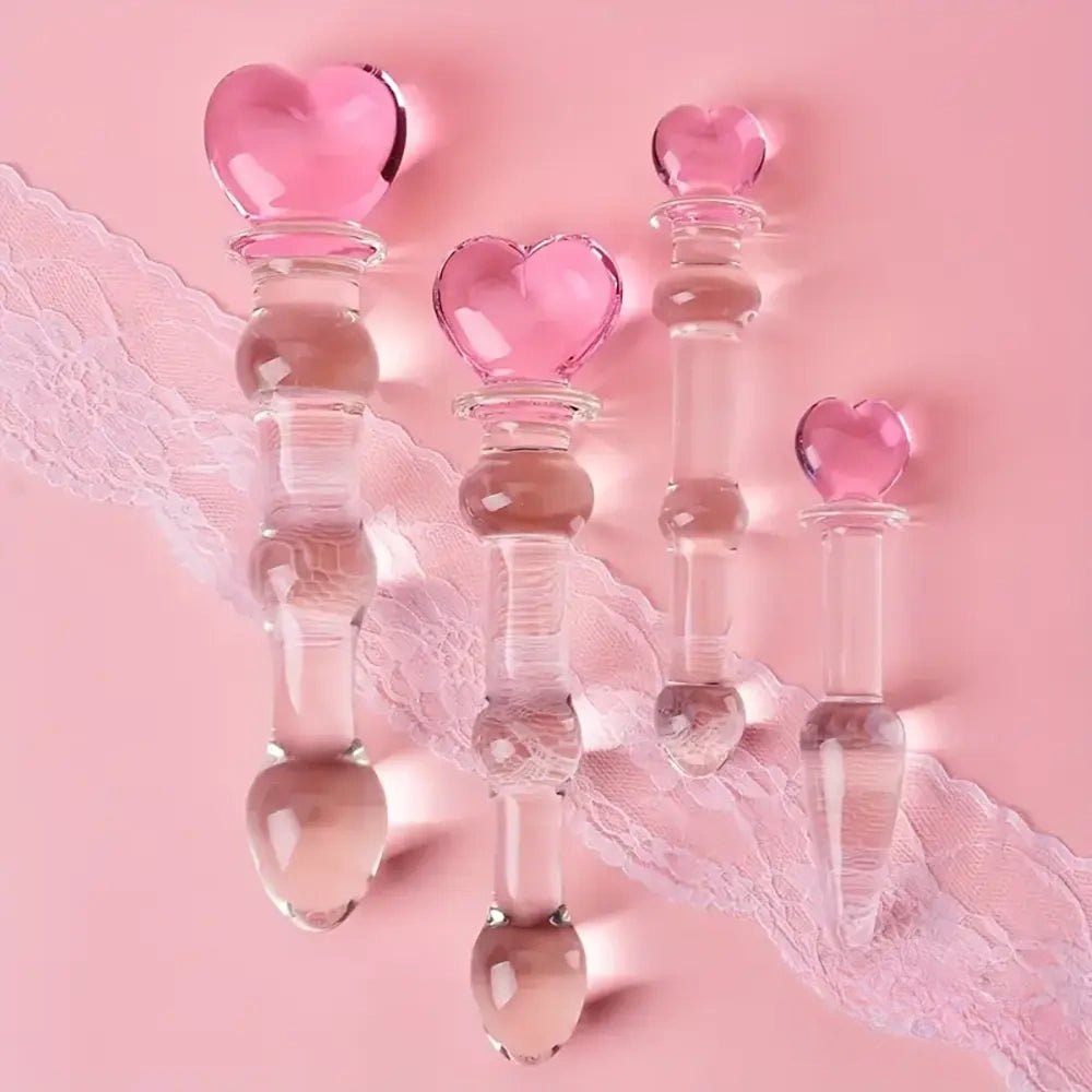 Clear glass dildo with pink heart-shaped top, photo 3