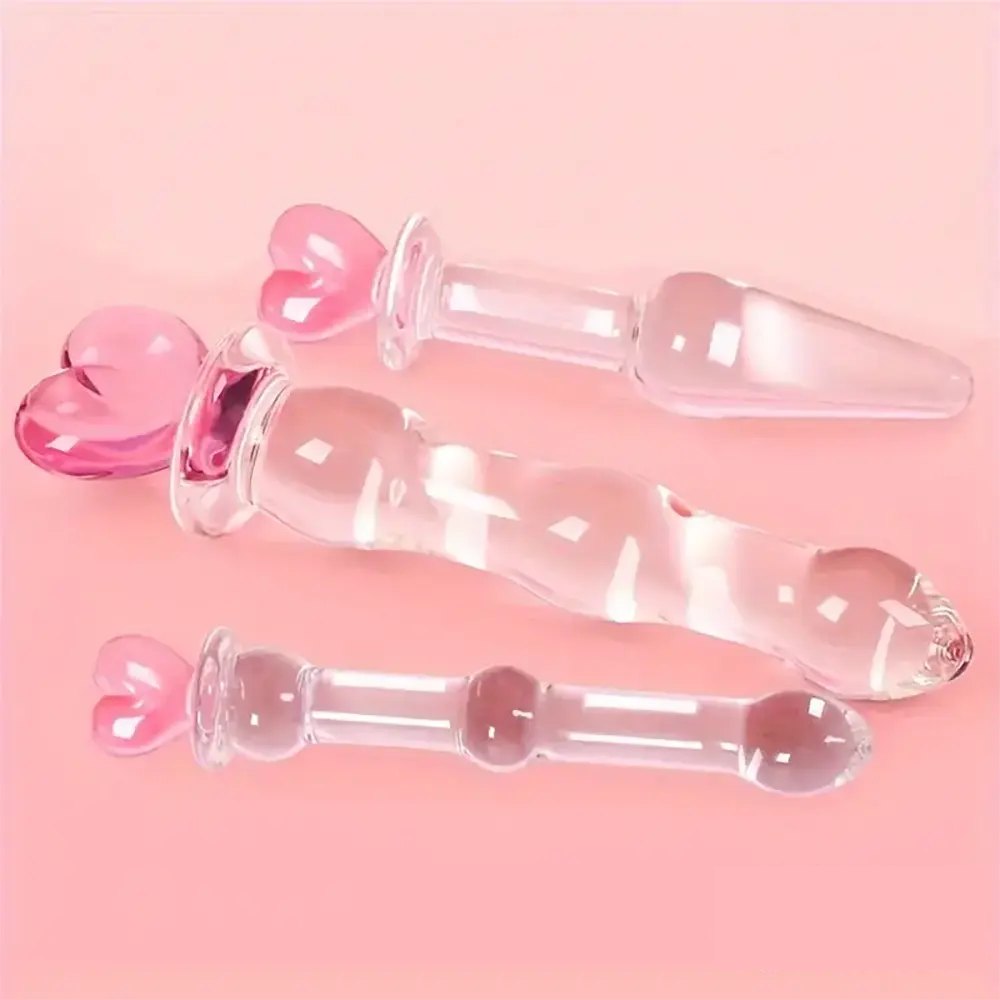 Clear glass dildo with pink heart-shaped top, photo 4