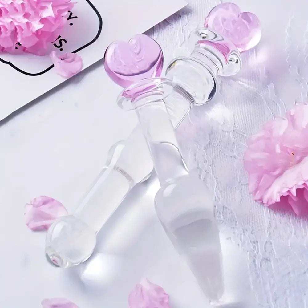 Clear glass dildo with pink heart-shaped top, photo 5