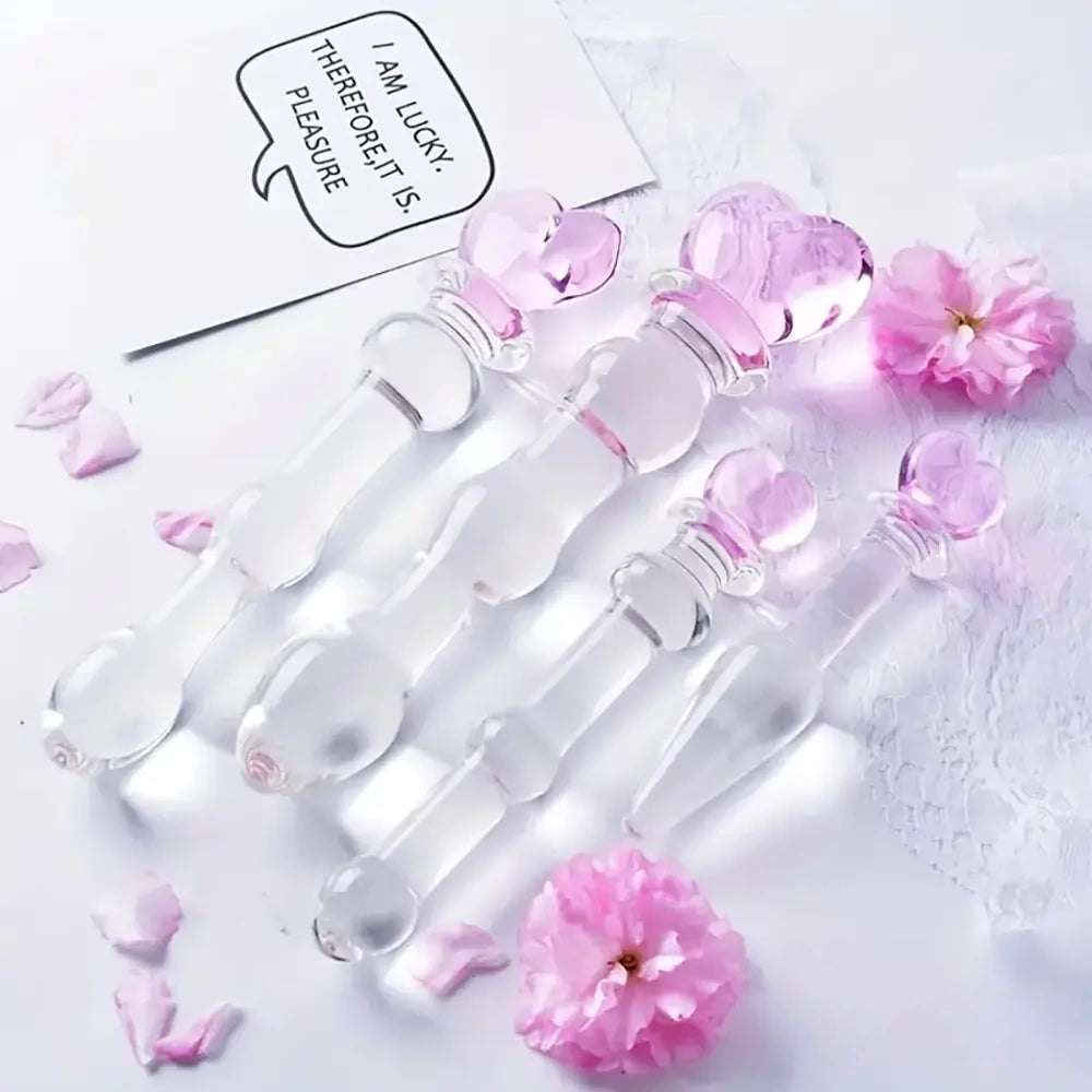 Clear glass dildo with pink heart-shaped top, photo 6