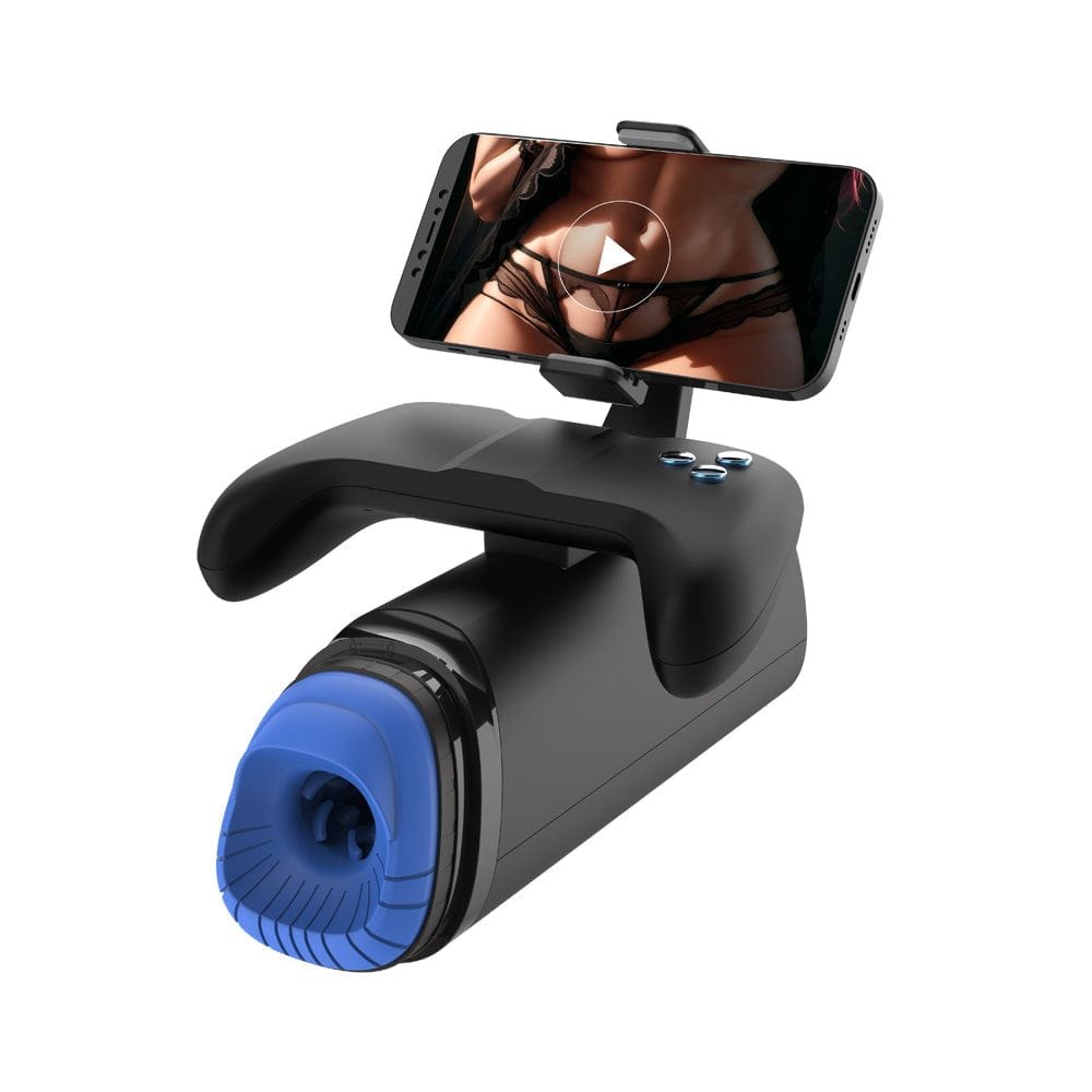 Black automatic male masturbator with phone holder stand