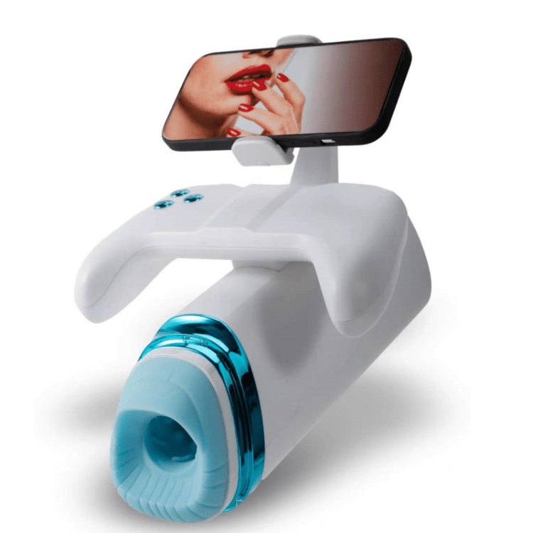 White automatic male masturbator with phone holder stand