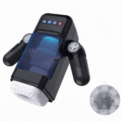 Black with White Liner heating telescopic vibrating male masturbator with transparent chamber