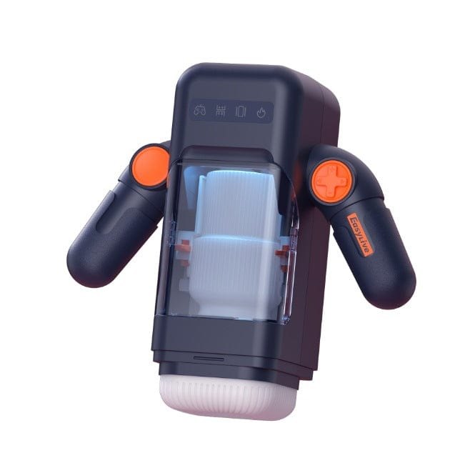 Blue with White Liner heating telescopic vibrating male masturbator with transparent chamber
