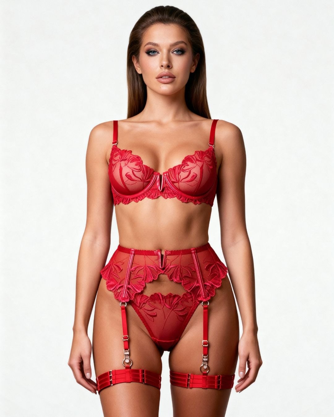 Red lace bra, garter belt and thong set, photo 1