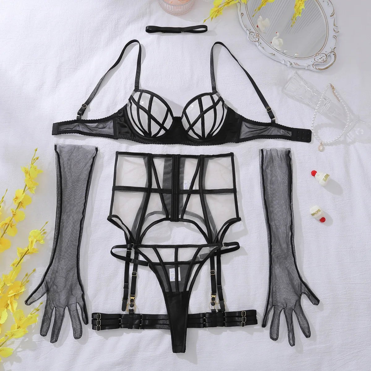 Black high waist garter mesh gloves set