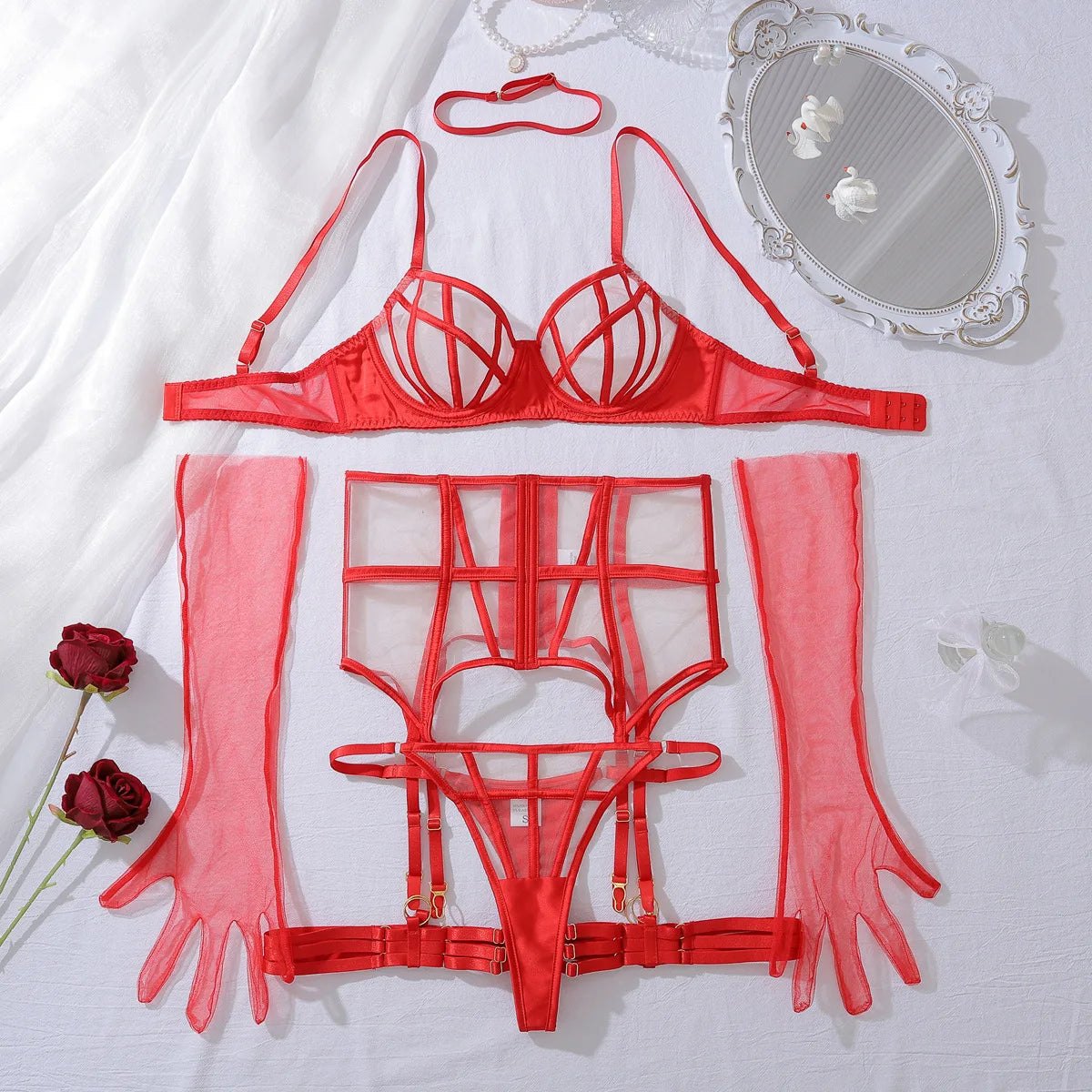 Red high waist garter mesh gloves set