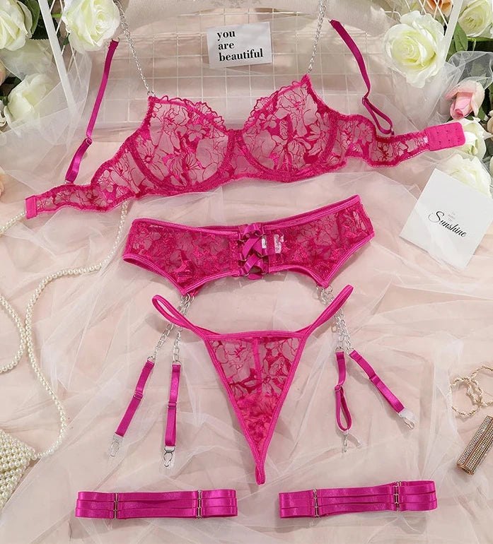 Pink high-waisted lace garter strap lingerie set
