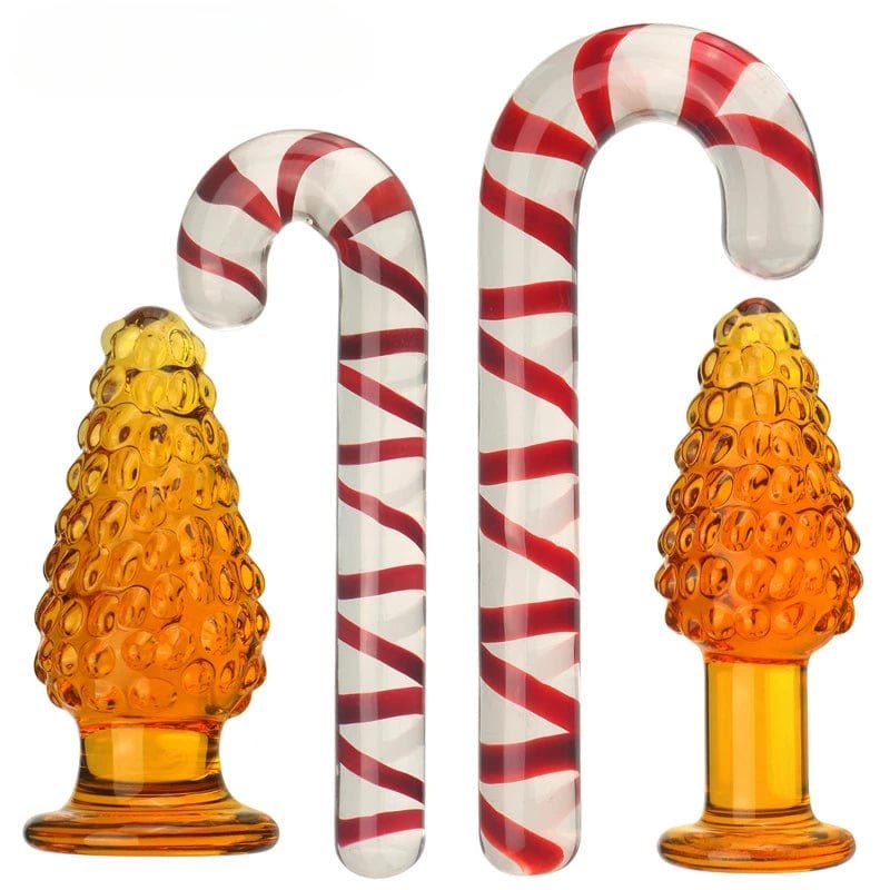 Glass holiday-themed anal plug in tree or candy cane shape, photo 1