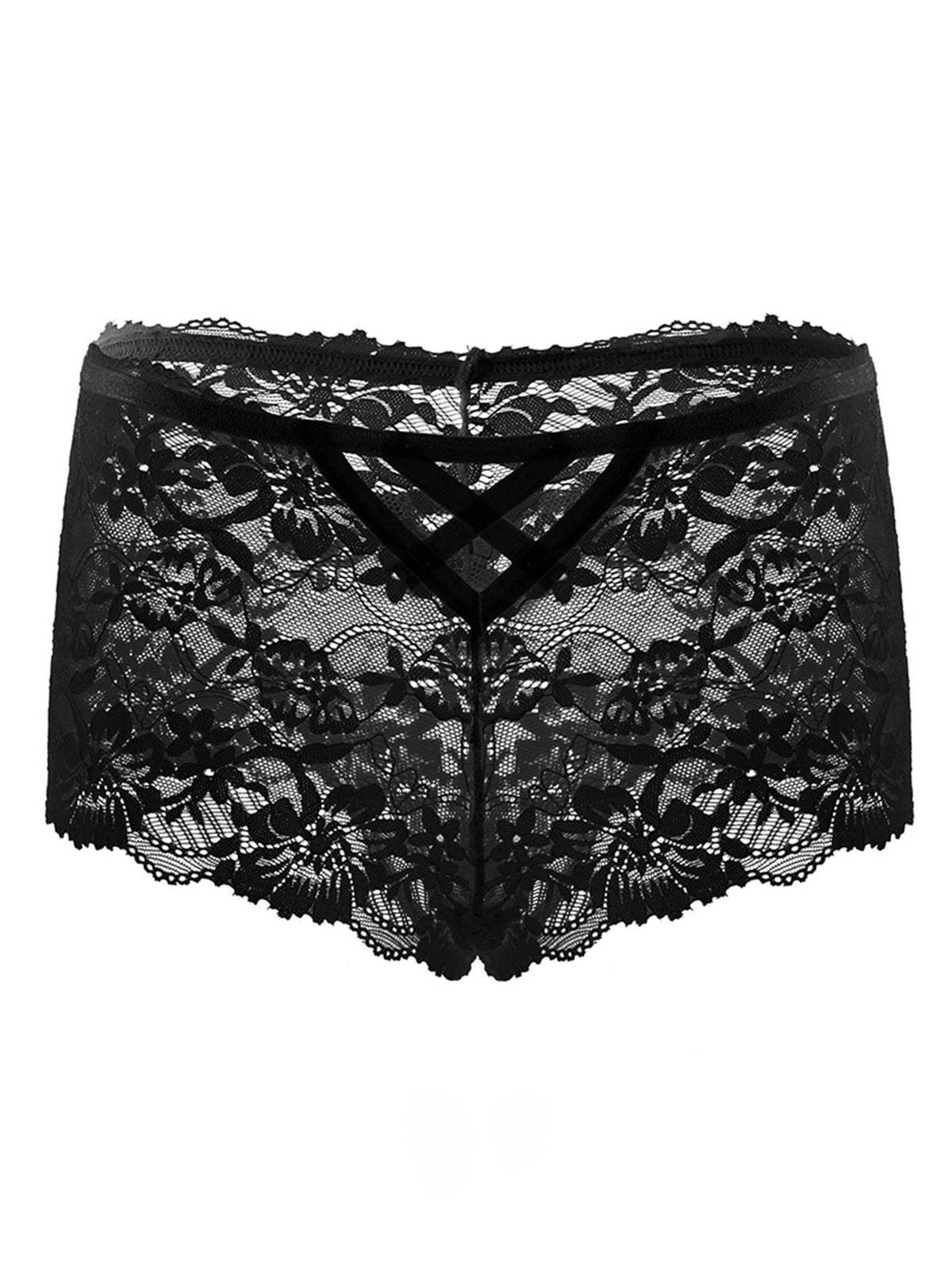 Black hollow lace cross strap boyshort
