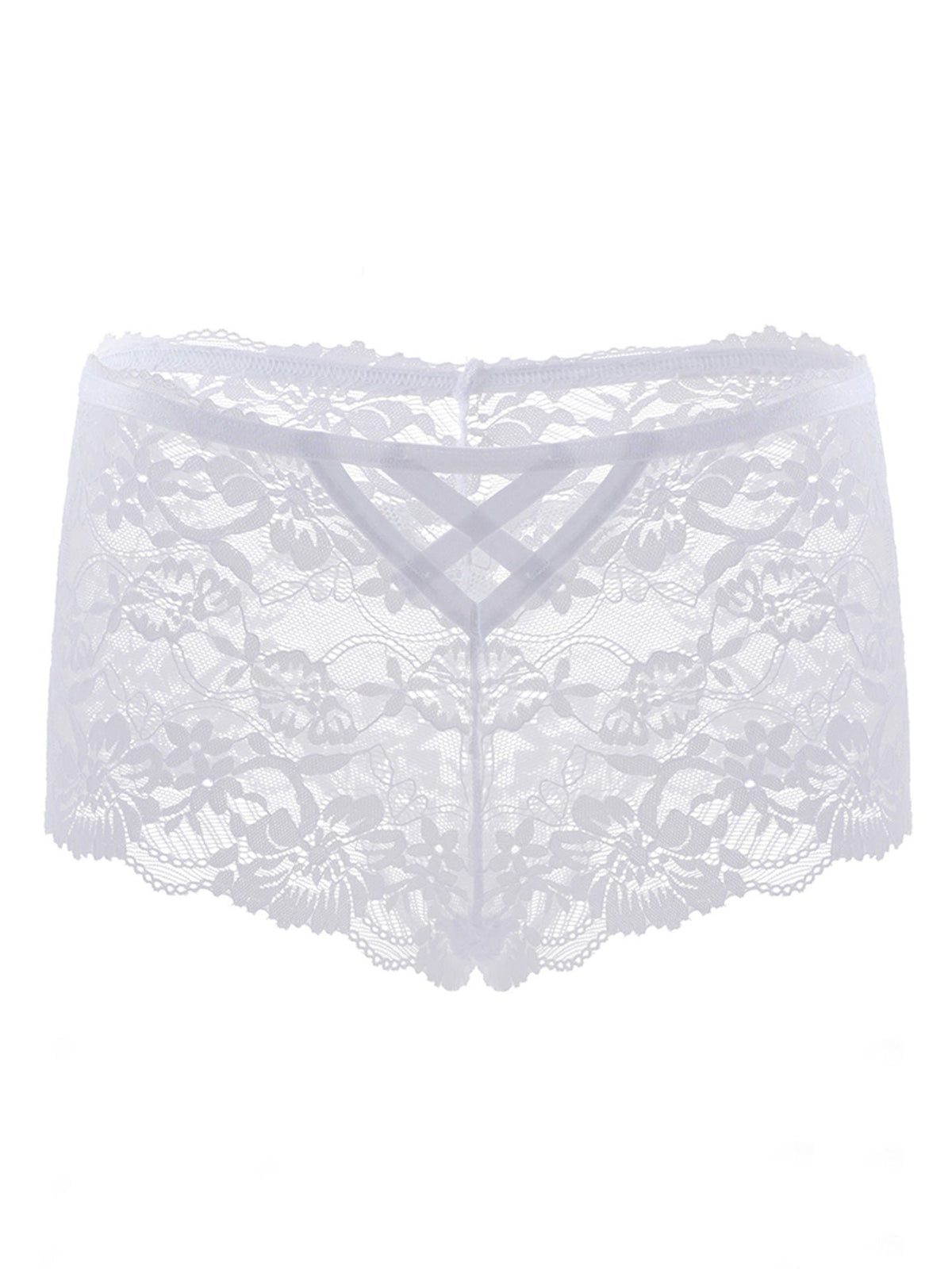 White hollow lace cross strap boyshort