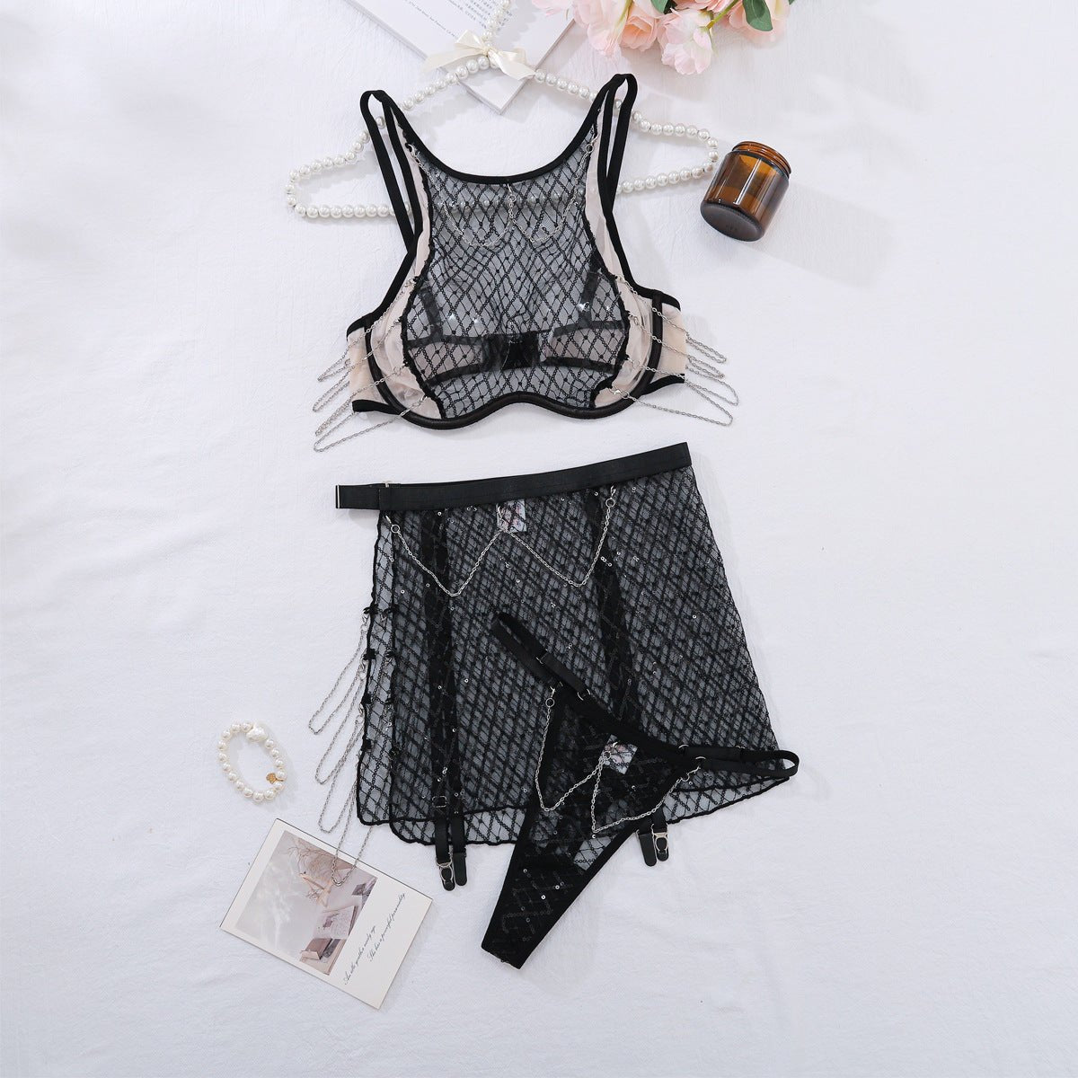 Black hollow out fishnet three piece set
