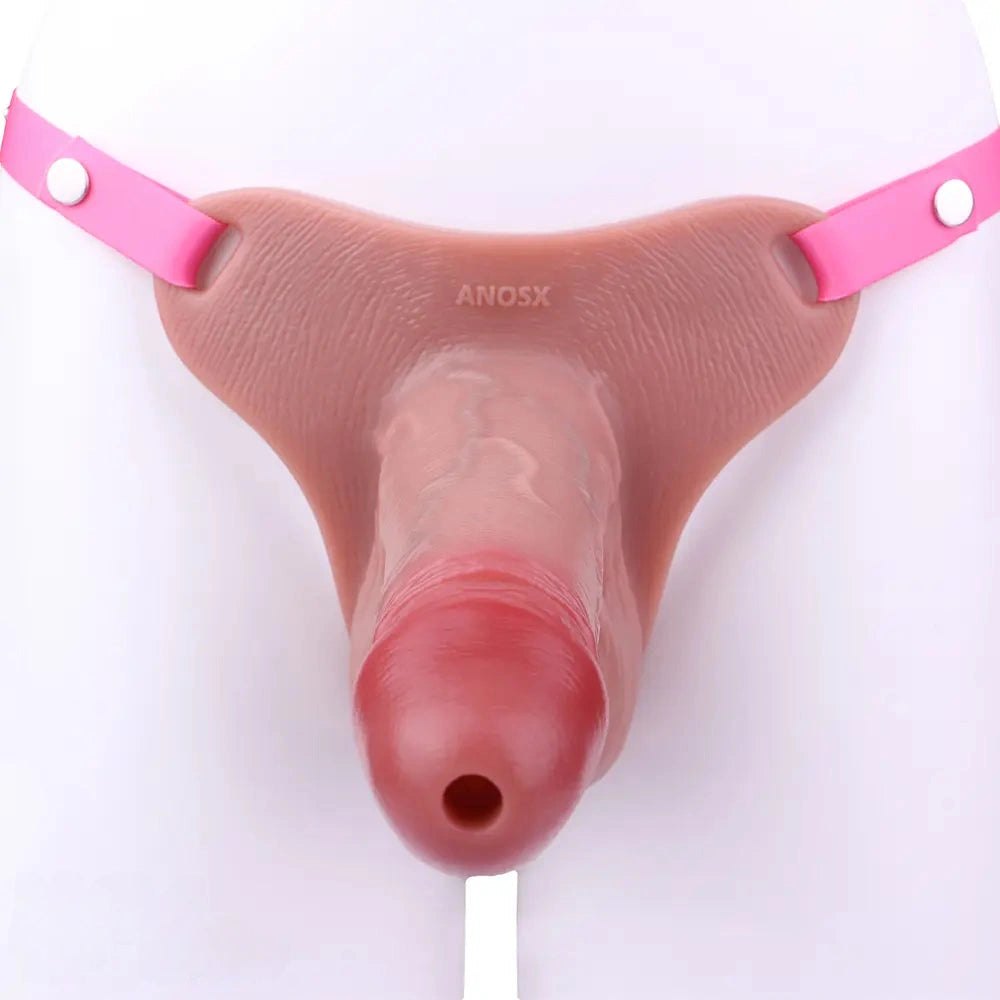 Flesh-tone hollow silicone strap-on dildo with belt straps, photo 10
