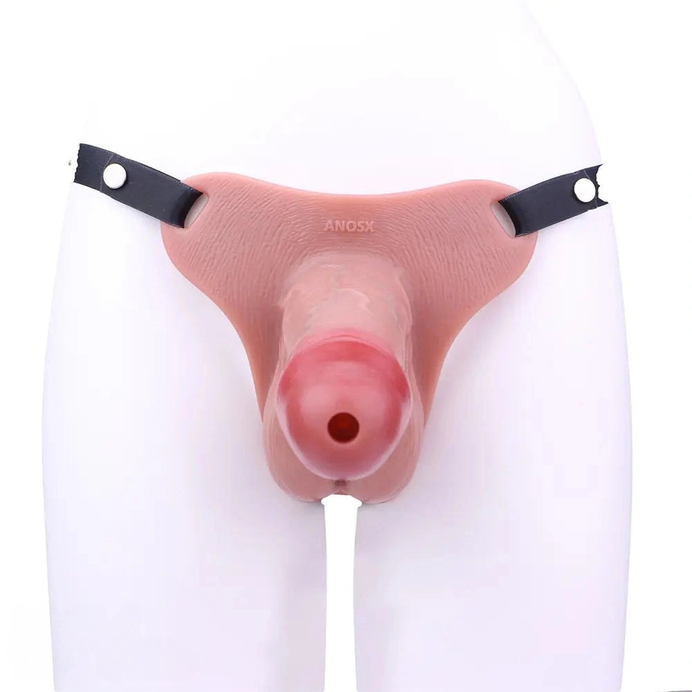 Flesh-tone hollow silicone strap-on dildo with belt straps, photo 11