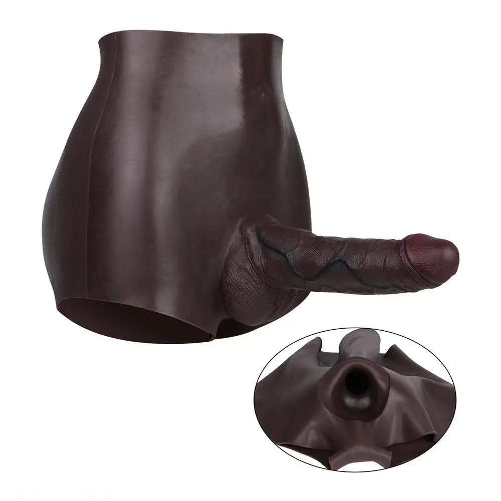 Coffee brown silicone hollow strap-on dildo harness, photo 1