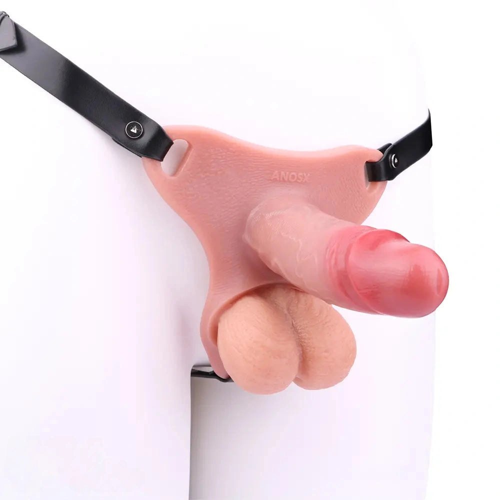 Flesh-toned hollow silicone strap-on dildo with harness, photo 1