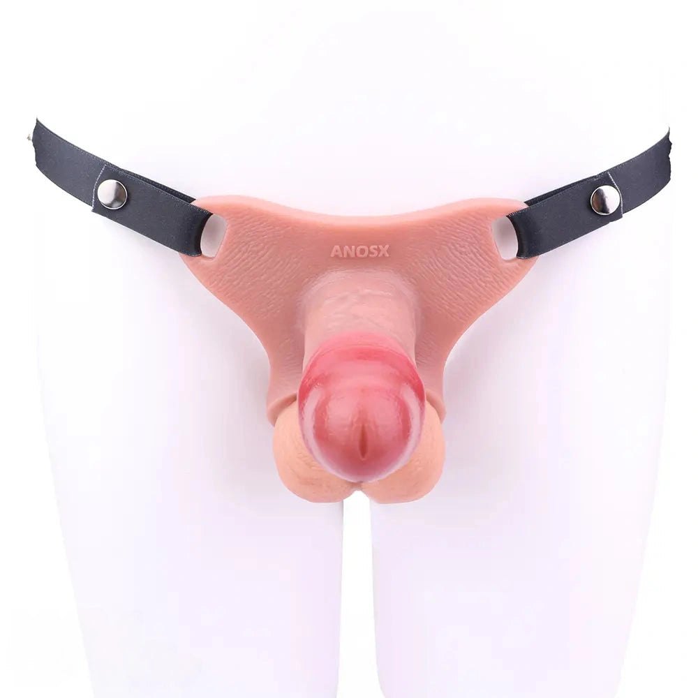 Flesh-toned hollow silicone strap-on dildo with harness, photo 10