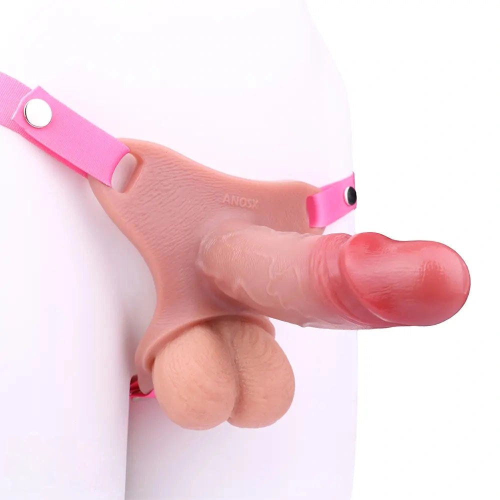 Flesh-toned hollow silicone strap-on dildo with harness, photo 3