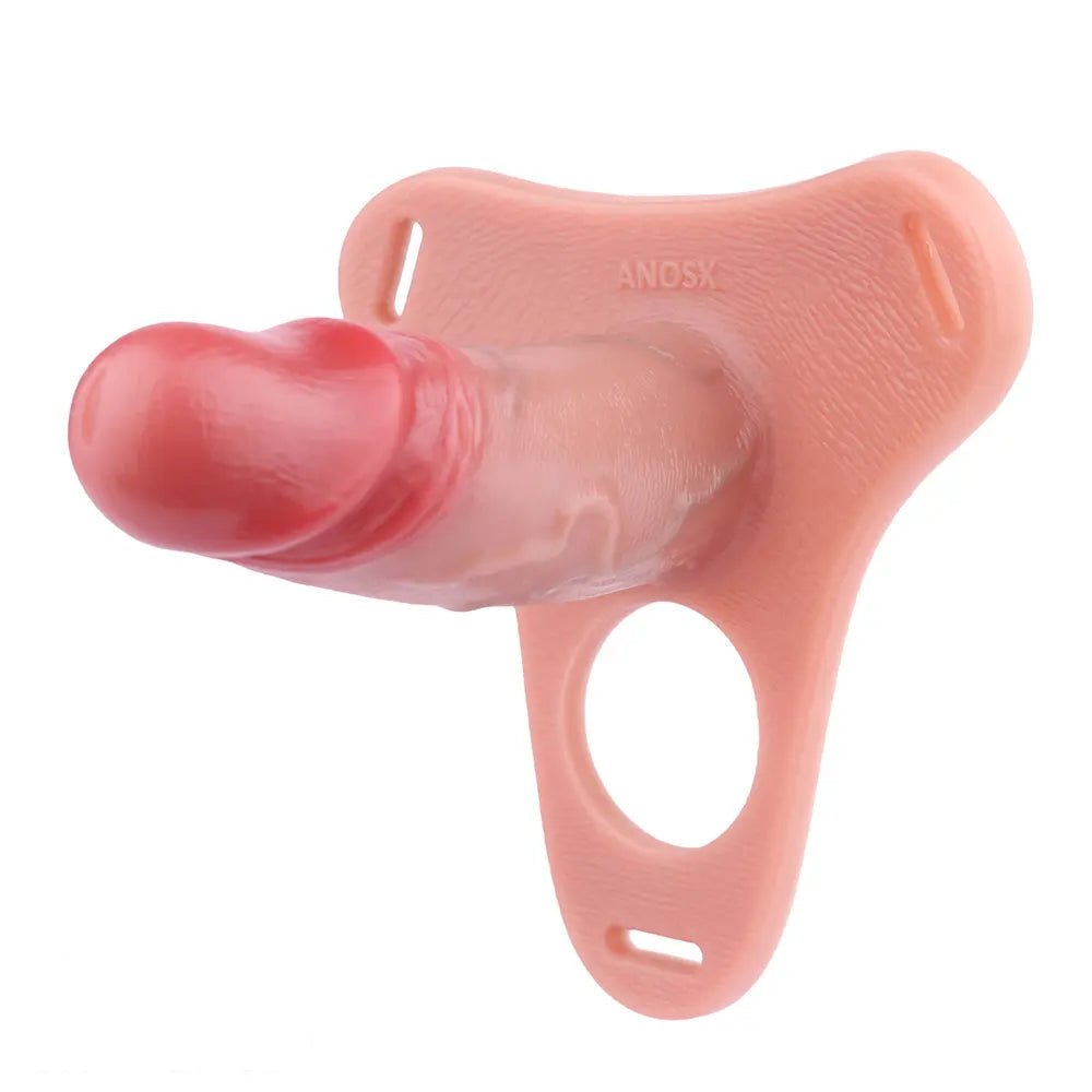Flesh-toned hollow silicone strap-on dildo with harness, photo 4