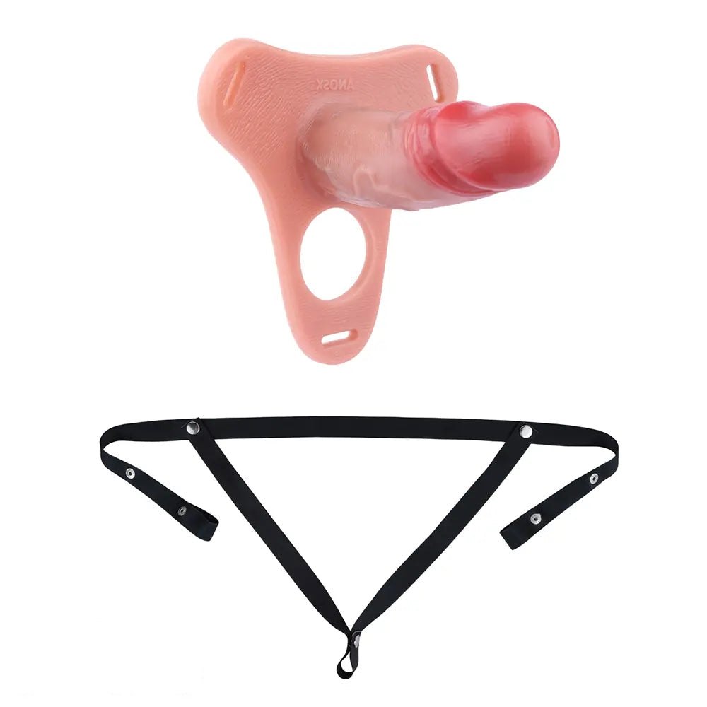 Flesh-toned hollow silicone strap-on dildo with harness, photo 7