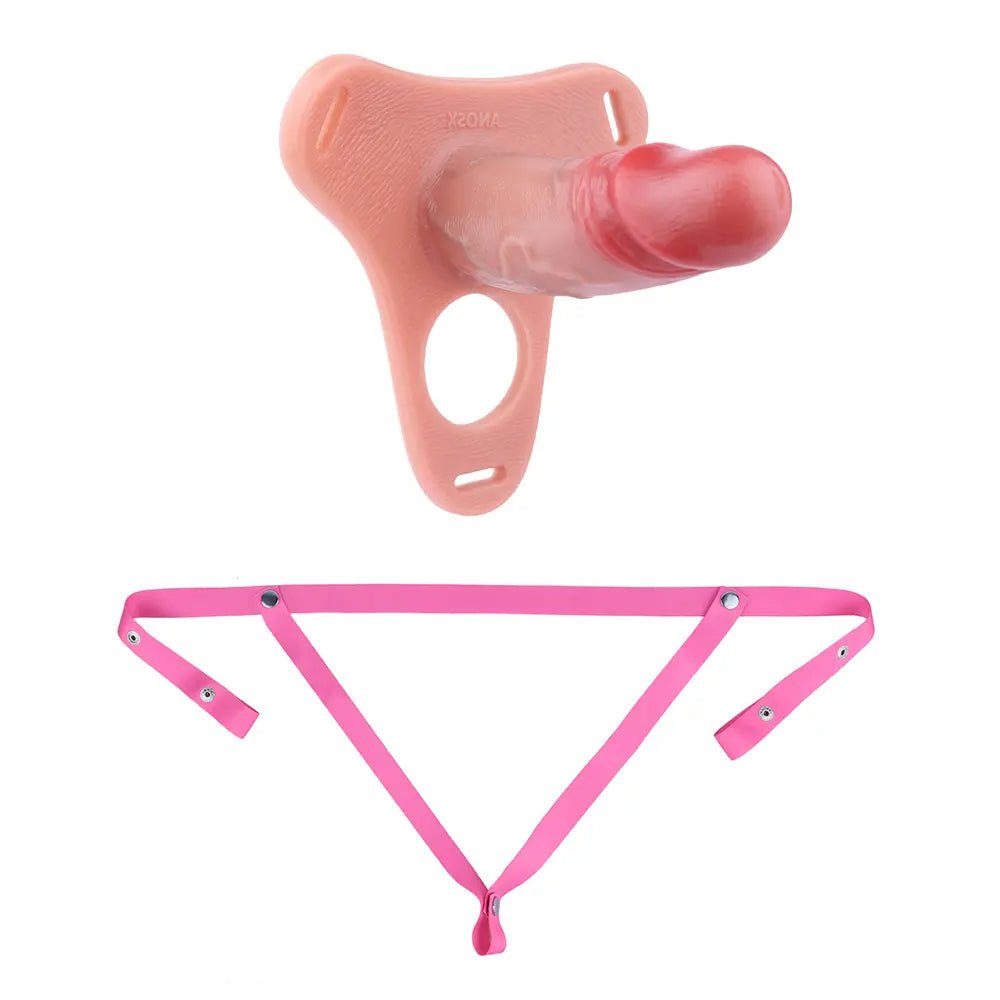 Flesh-toned hollow silicone strap-on dildo with harness, photo 8